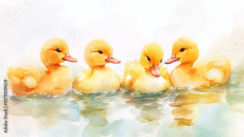 Cute little ducks in the lake, vector watercolor illustration
