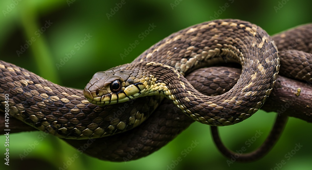Fototapeta premium Garter Snake Coiled on a Branch in Natural Habitat