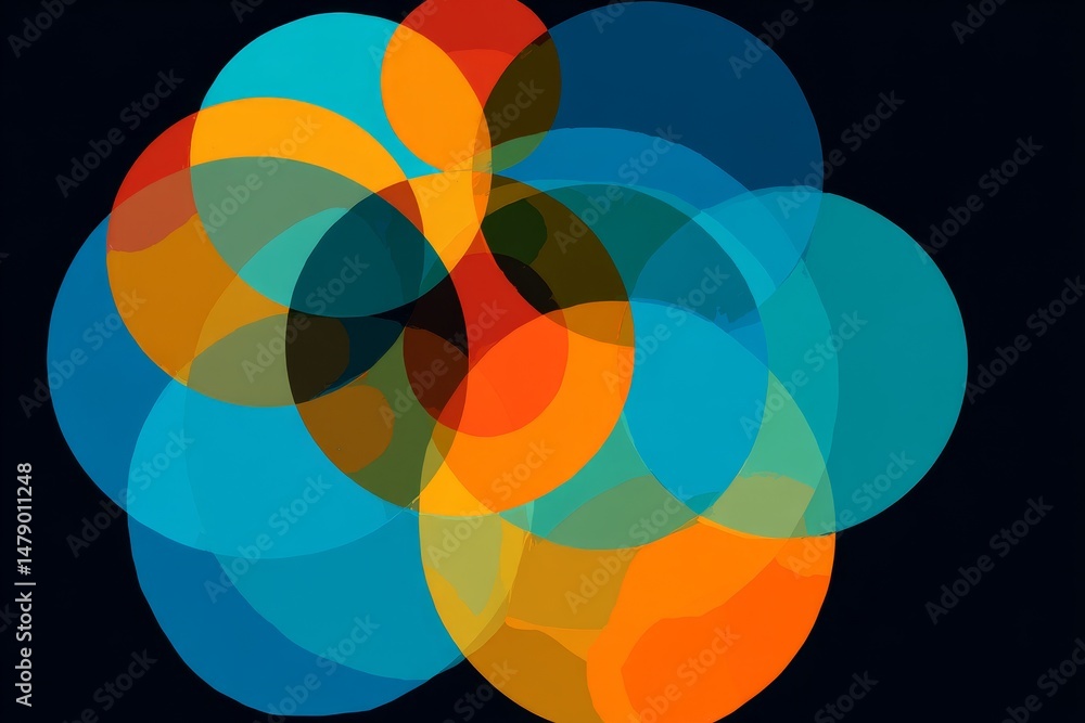 Obraz premium Colorful overlapping circles design on dark background.