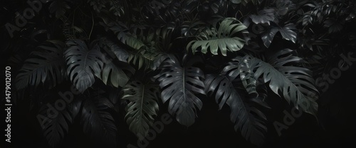 Dark, lush tropical leaves and vines intertwine in shadowy black background , growth, illustration, rainforest