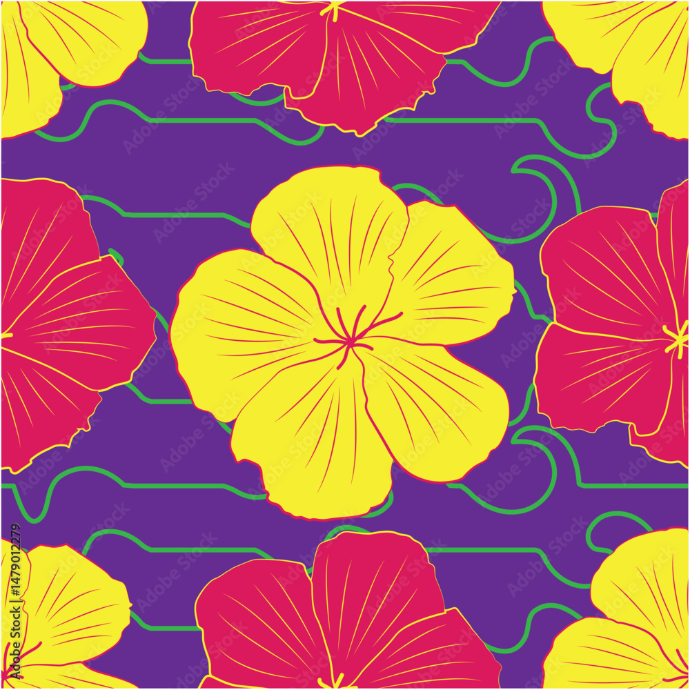 Obraz premium Purple background with stylish designer line with the flower, Darker pink and Yellow flower pattern