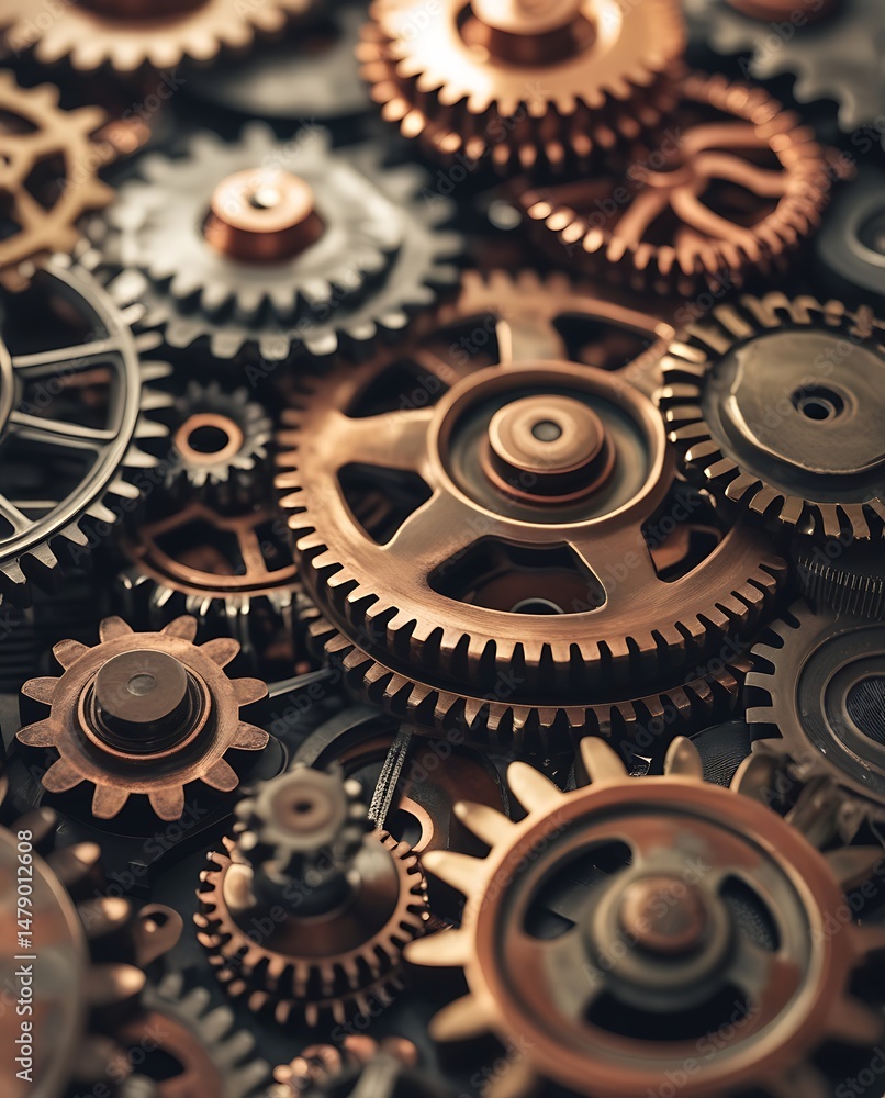 Close-up view of interlocked metal gears and cogs in various sizes forming a complex mechanical structure, symbolizing engineering precision, machinery, and industrial mechanics
Close-up view of interlocked metal gears and cogs in various sizes forming a complex mechanical structure, symbolizing engineering precision, machinery, and industrial mechanics