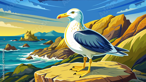 A Yellow-legged Gull (Larus michahellis) stands proudly on the rocky seashore of Montenegro, gazing over the shimmering waters of the Adriatic Sea. Its poised stance and bright yellow legs contrast be