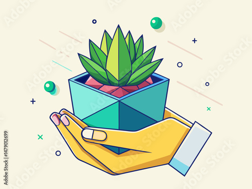 A hand holding a small succulent in a geometric pot. White background, flat vector modern design