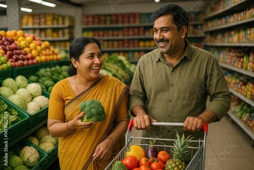 Happy couple grocery shopping together.