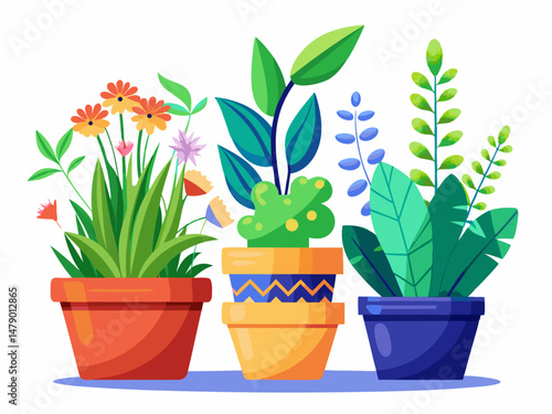 A group of three different flower pots with various plants arranged in a row. White background, clean and colorful home decor theme