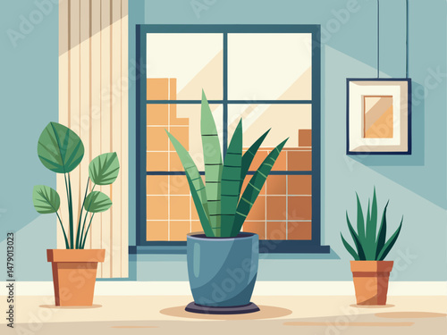 A tall flower pot with a snake plant next to a window. White background, cozy interior vector illustration
