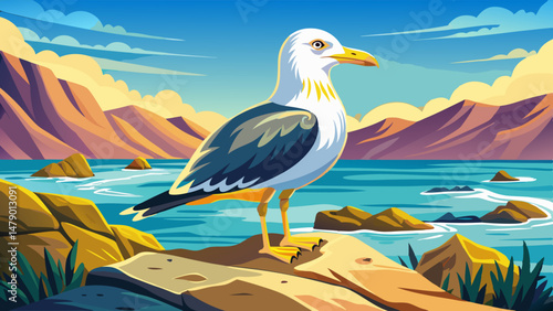 A Yellow-legged Gull (Larus michahellis) stands proudly on the rocky seashore of Montenegro, gazing over the shimmering waters of the Adriatic Sea. Its poised stance and bright yellow legs contrast be
