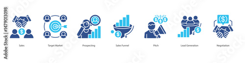 Sales Process banner web icon sheet vector illustration concept with icon of  sales, target market, prospecting, sales funnel, pitch, lead generation, negotiation