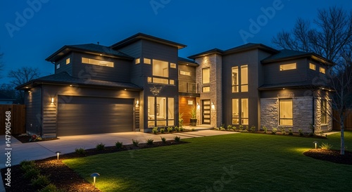 Illuminated modern luxury home exterior at dusk showcasing architectural design and landscape lighting with a manicured lawn and driveway.
