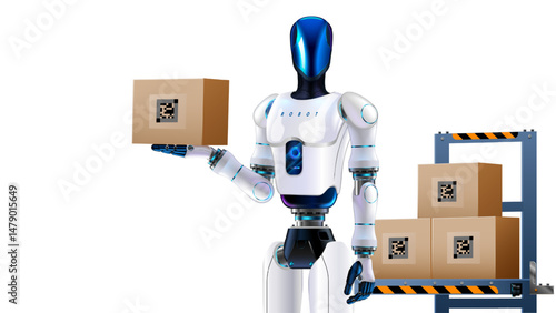 Robot arm work on smart warehouse. Robotic arm puts boxes on pallets. Automation logistics on smart stock storage of products. Industry robot with AI on industry factory. Technology business concept.