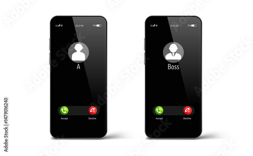Incoming call screen on smartphone. A, Boss. Interface, Buttons Accept, Reject. Incoming call. Smartphone call screen template. copy space.