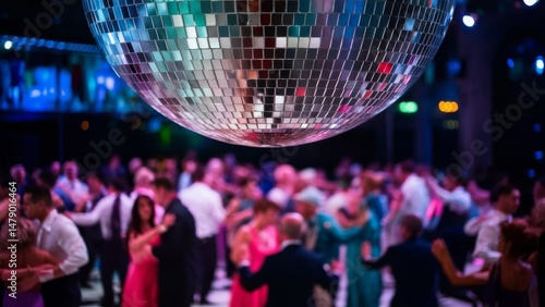 Disco ball hanging in a nightclub reflecting colored lights. Party with many people.