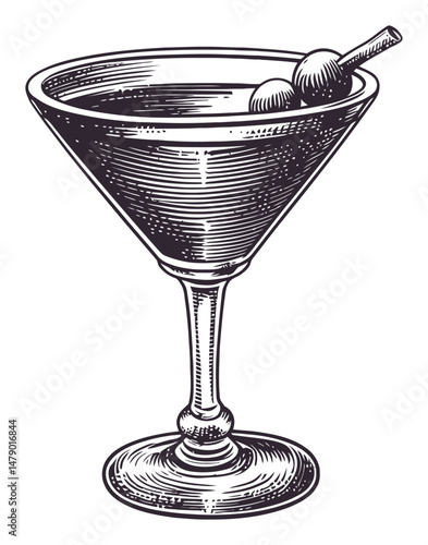 Vintage Style Illustration of a Cocktail Glass with a Cherry Garnish