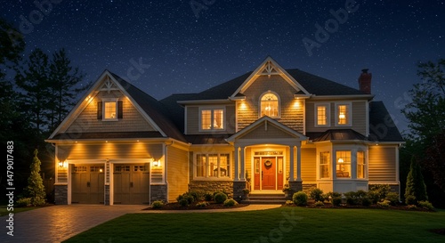 Luxurious illuminated residential house exterior at night under a starry sky, showcasing curb appeal with well-lit features and welcoming entrance