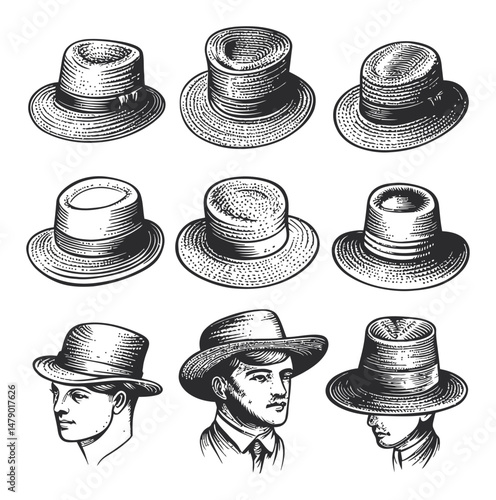 Vintage Hat Illustrations in Various Styles and Perspectives