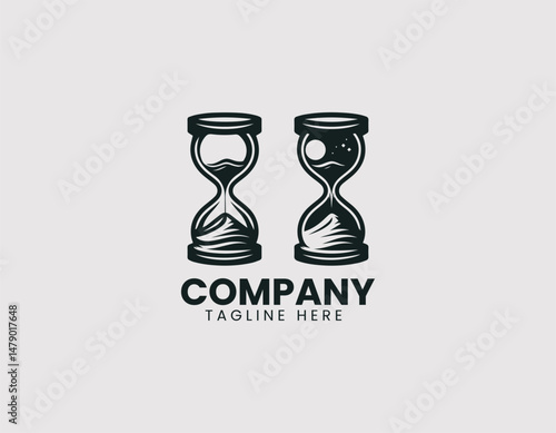 Classic Hourglass Silhouette Flowing Sand Vector Logo Design, Vintage Hourglass Silhouette Flowing Sand Vector Logo, Elegant Classic Sand Timer Flowing Sand Illustration Logo
