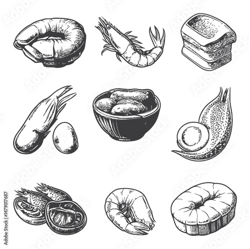 Detailed Vector Illustration of Seafood Elements in Black and White Style