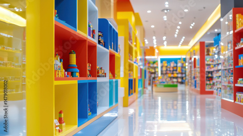 Vibrant modern toy store filled with colorful shelves displaying various toys and games, creating cheerful atmosphere