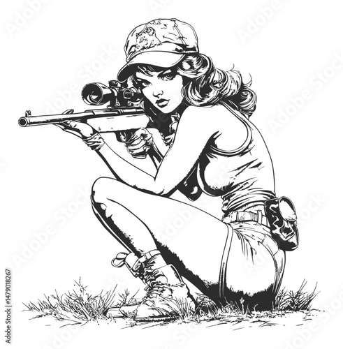 Female Shooter in Action Pose with Rifle and Serious Expression