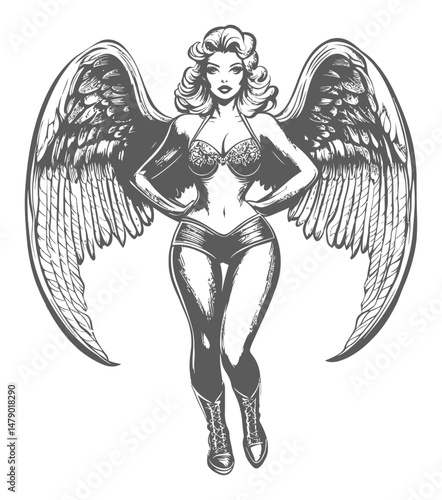 Vintage Angelic Woman Illustration with Wings in Black and White