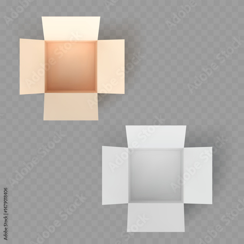 Top View of Opened Brown Craft and White Cardboard Boxes Vector