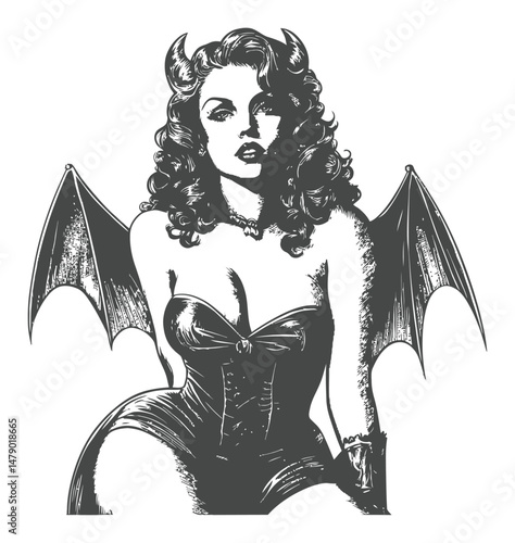 Seductive Demoness with Curly Hair and Bat Wings in Vintage Style Illustration