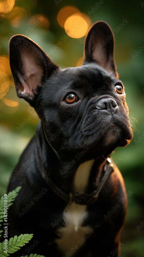 Fototapeta premium Attentive black French Bulldog posing outdoors with golden bokeh