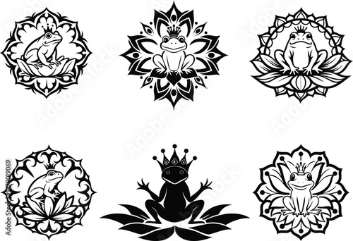 Frog sitting on a lotus flower isolated vector icon, frog sitting on a lotus flower silhouette vector art, frog sitting on a lotus flower line art vector illustration set