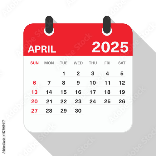 Monthly Calendar for April 2025. Red Theme on White Background