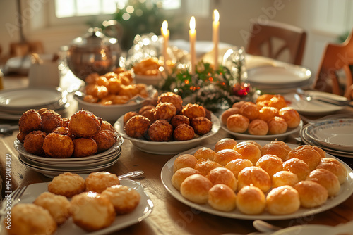 Delicious Hanukkah Spread with Golden Latkes and Sweet Sufganiyot on Decorated Table for Jewish Holiday Celebration photo
