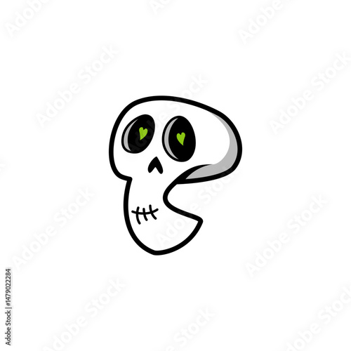 Cartoon skull with green heart-shaped eyes on a white background, conveying a playful yet spooky vibe in minimalist art style