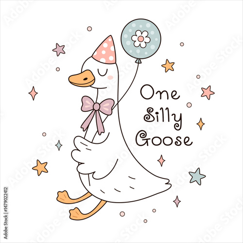 One Silly Goose Birthday sublimation design. Cute funny silly goose, hand drawn vector illustration in flat style