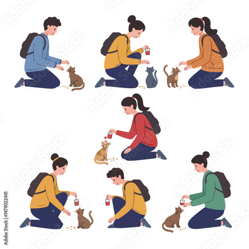 People feeding stray cats caring animal