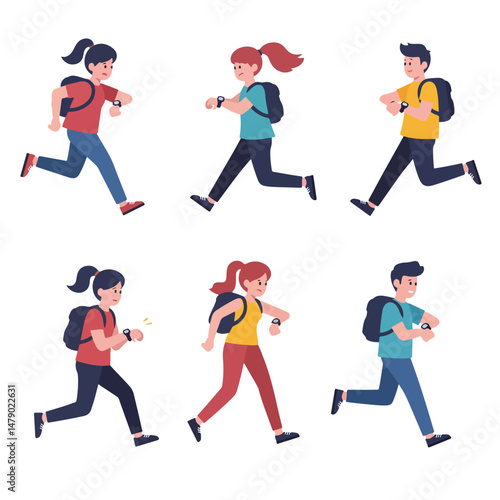 People running late with backpacks checking time