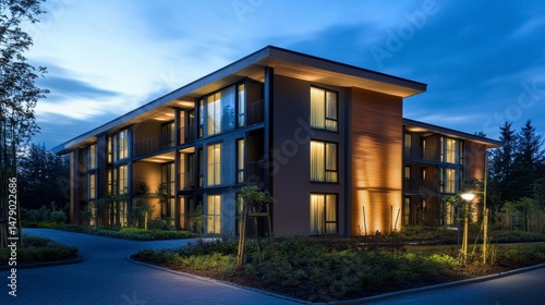 Wallpaper Mural Modern apartment building at twilight, illuminated windows, landscaped grounds. Torontodigital.ca