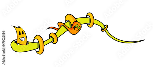 Creative cartoon characters interact with vibrant green vine on white background