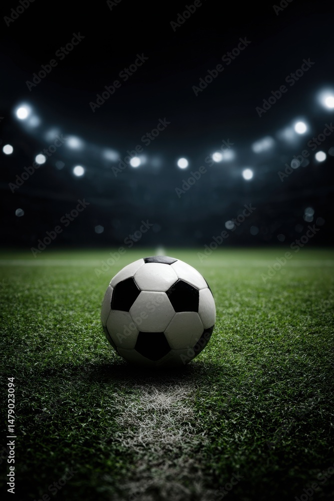 Naklejka premium Soccer Ball on Field with Stadium Lights in Background at Night