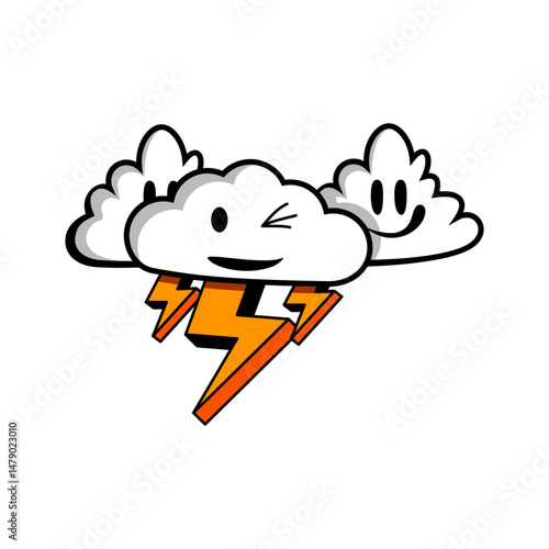 Cute cartoon clouds with smiles and a lightning bolt showcasing a playful storm theme
