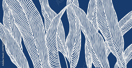 Hand drawn brush lines abstract foliage background, Japanese and ethnic wood carving, engraving texture pattern, simple plant graphic for textile, carpet, decoration
