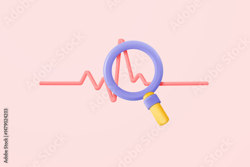 3d red pulse line with magnifier monitor. heart rate or cardiogram for healthy lifestyle, pulse beat measure, cardiac assistance, medical healthcare. 3d heart rate vector icon render illustration