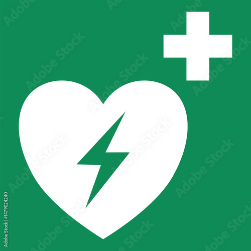 Emergency first aid defibrillator sign. White heart icon and White cross icon on Green grid background, Vector illustration design.