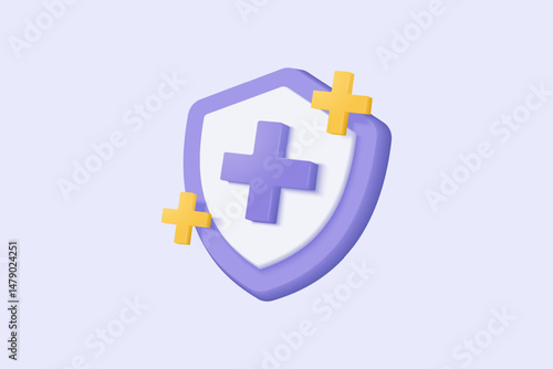 3d purple plus sign icon on the white background. Cartoon icon of first aid and health care with minimal style. Medical symbol of emergency help. 3d aid vector render illustration