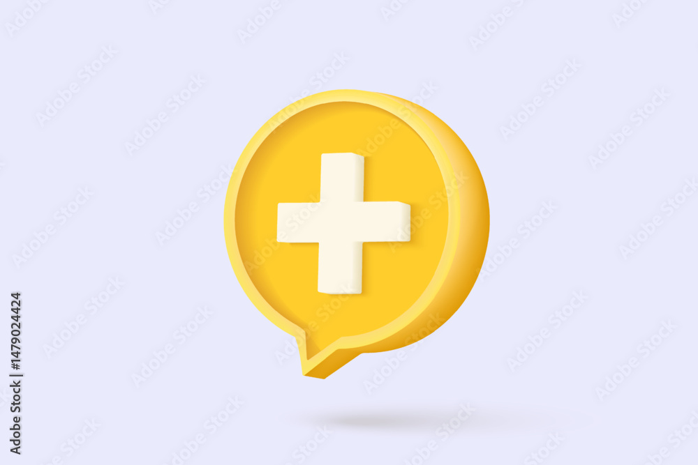 Obraz premium 3d yellow plus sign icon on the white background. Cartoon icon of first aid and health care with minimal style. Medical symbol of emergency help. 3d aid vector render illustration