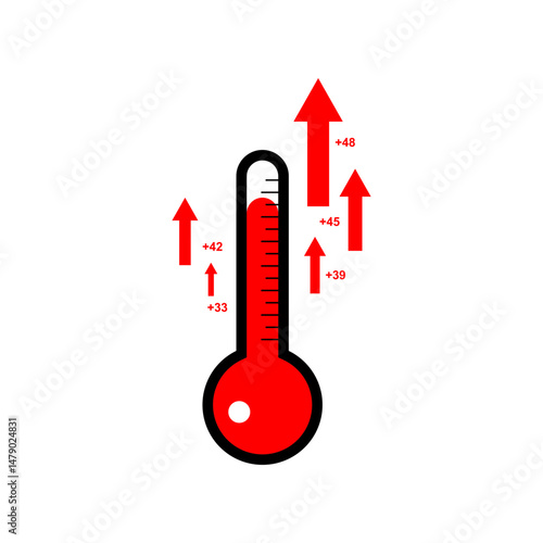 Heat Wave and Global Warming Concept – Thermometer with Rising Red Arrow and Temperature Scale, numbers, Hot Summer.
