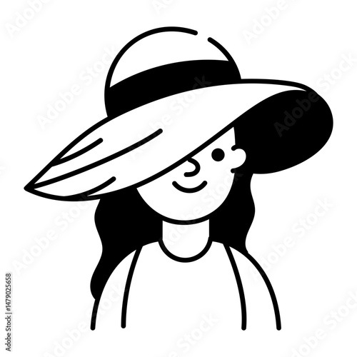 A doodle style icon showing girl wearing brim hat 

