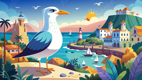 This gull, native to the Mediterranean region, captures the essence of coastal wildlife and maritime tranquility. Perfect for ecological, travel, and seaside-themed vector projects that celebrate natu