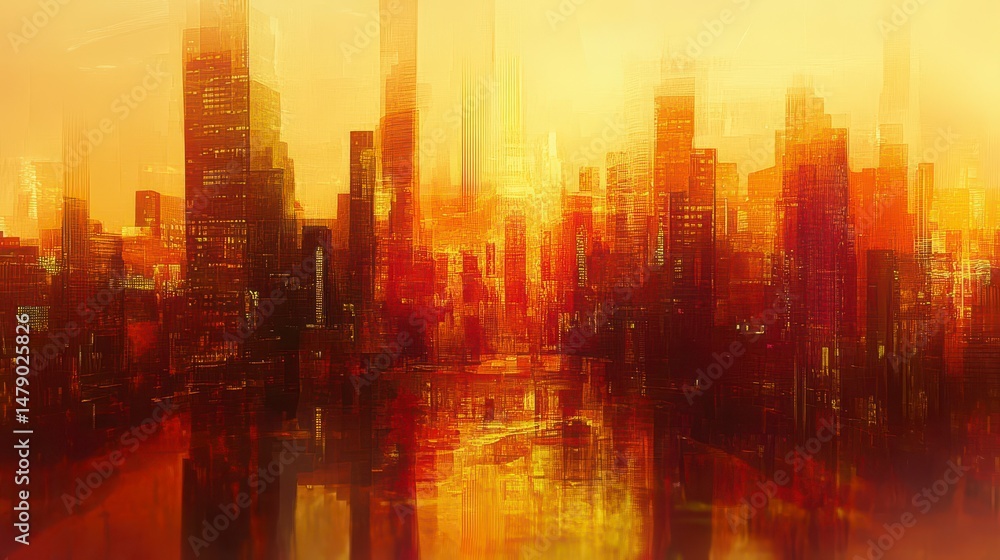 Fototapeta premium Stylized cityscape at sunset, reflected in water, warm tones.