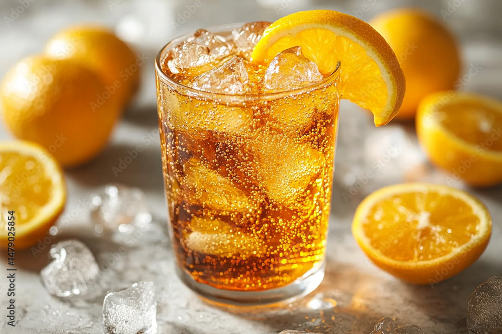 **Top-Down View Of A Glass Filled With Fizzy Soda, Bubbling Surface Detail, Ice Cubes Floating, Citrus Slice On The Rim, High Contrast On A Bright White Surface, Stock-Style Clarity And No Distraction **Top-Down View Of A Glass Filled With Fizzy Soda, Bubbling Surface Detail, Ice Cubes Floating, Citrus Slice On The Rim, High Contrast On A Bright White Surface, Stock-Style Clarity And No Distraction