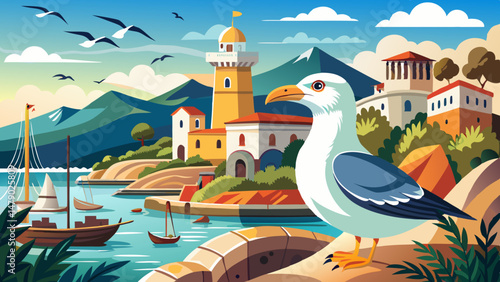 This gull, native to the Mediterranean region, captures the essence of coastal wildlife and maritime tranquility. Perfect for ecological, travel, and seaside-themed vector projects that celebrate natu